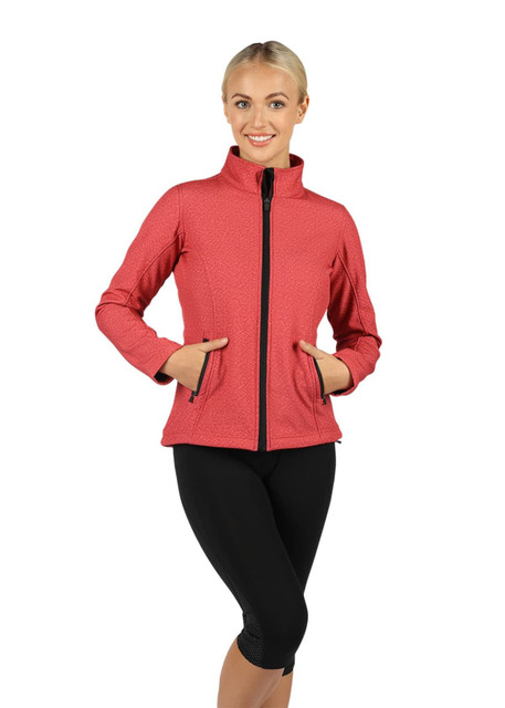 A soft shell jacket in heather red with a zip front and black detailing, featuring side pockets.
