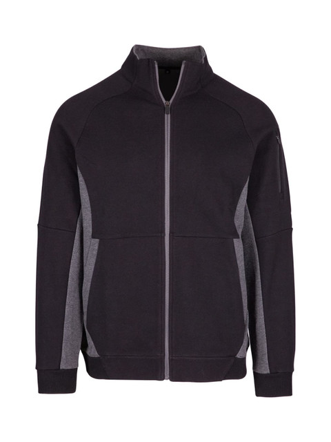 A men's black and grey jacket with a zip front, featuring a high collar and a logo.