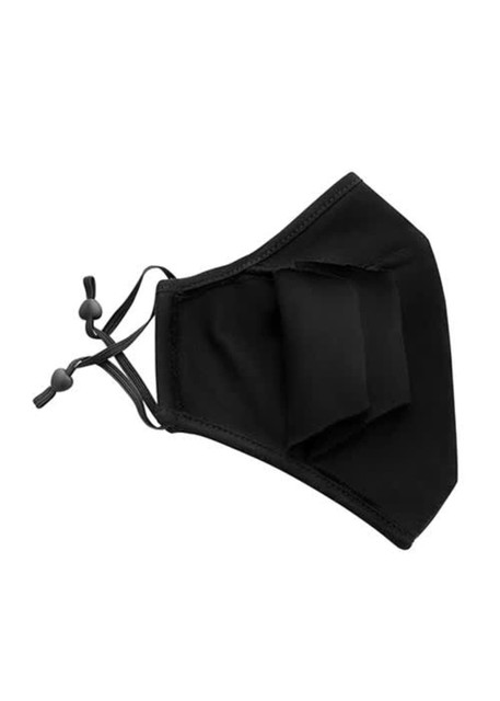 A black three-layer face mask with adjustable toggles for a secure fit and a logo present on the side.