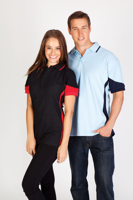 A black and red polo shirt worn by a woman and a light blue polo shirt worn by a man, both featuring contrasting accents.