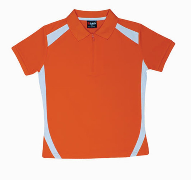 An orange polo shirt with white accents and a collar. It features a zippered neck and has a logo.