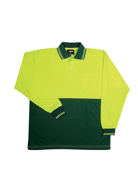 High visibility long sleeve polo shirt in fluorescent yellow and green, featuring a collar and pocket, with a logo.