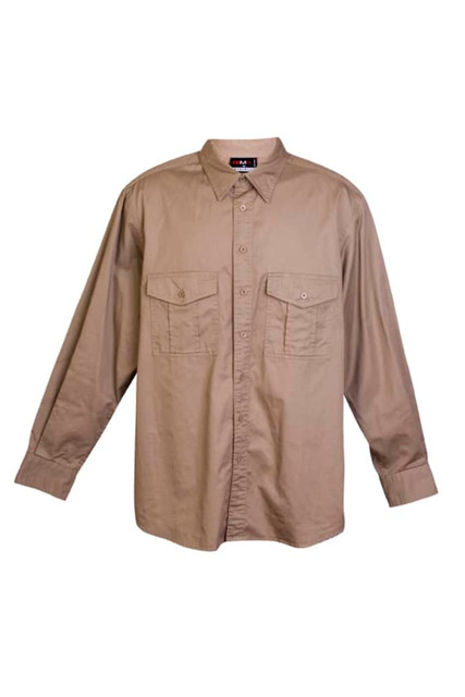 A khaki long sleeve work shirt featuring two chest pockets and a collar. The shirt has a branding logo.