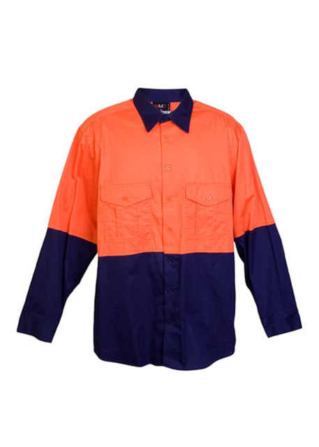 An orange and navy long sleeve work shirt with two chest pockets and a logo. Suitable for workwear.