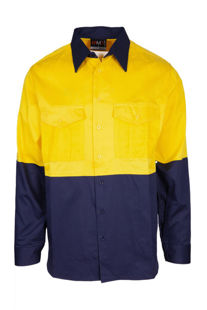 A long sleeve shirt featuring a yellow top half and a navy blue bottom half, with two chest pockets and a logo.