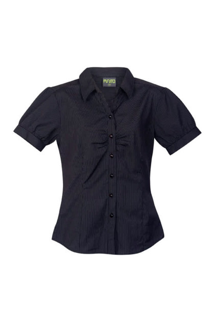 A fitted women's button-up shirt in black with white stripes and short puffed sleeves. It has a logo on the label.
