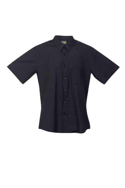 A black short-sleeved button-up shirt with a striped pattern and a pocket, featuring a logo.