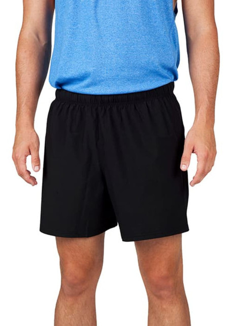 Men's black FLEX shorts featuring a 4-way stretch design and elastic waistband, worn with a blue top.