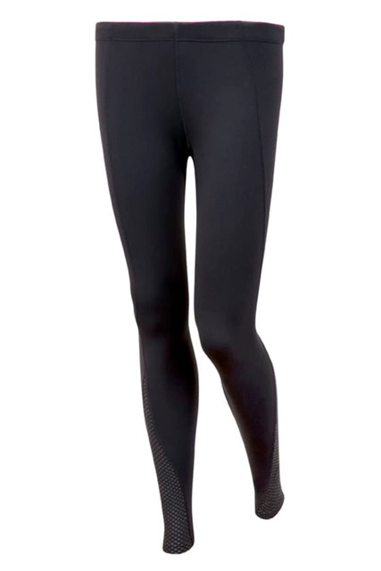 Black full-length leggings made from nylon and spandex, featuring a mesh panel design. Includes a logo.