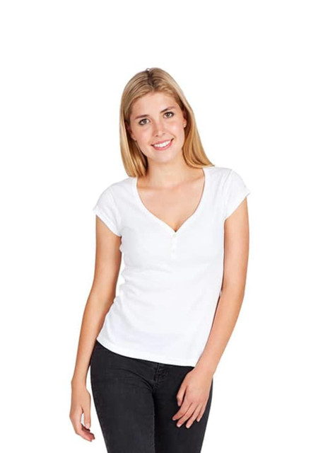 A white women's t-shirt with a v-neck and short sleeves, displayed on a model against a plain background.