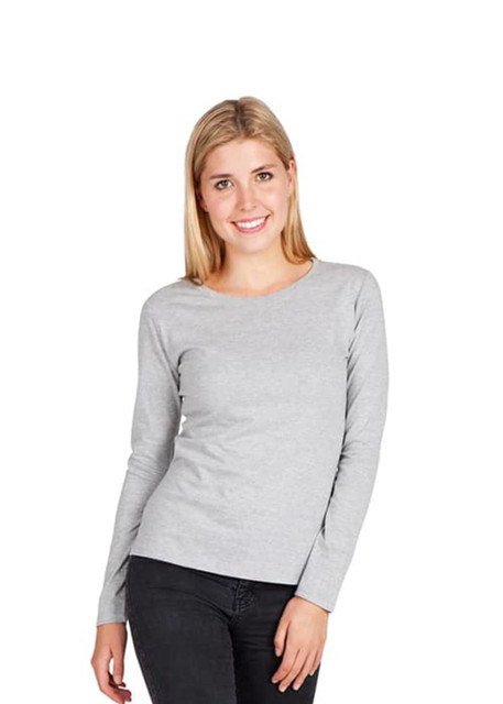 A grey women's long sleeve T-shirt with a round neckline, worn by a smiling model. Features a logo on the shirt.