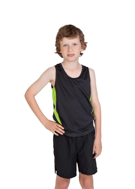 A child wearing a black singlet with green accents, paired with black shorts, posing against a plain background.