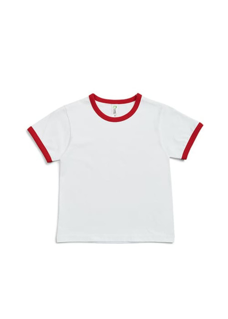 A white kids' ringer tee with red trim along the collar and sleeves. It features a logo on the label.
