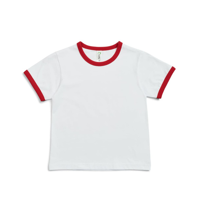 A white kids' t-shirt with red ringer sleeves and collar, featuring a logo on the label.
