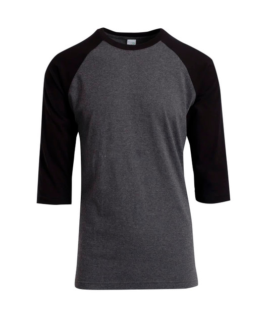 Men's unisex 3/4 sleeve raglan T-shirt in grey with black sleeves. Features a logo.