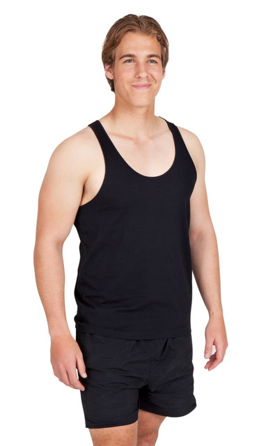A grey men's T-back singlet is displayed on a male model alongside a female model in activewear.