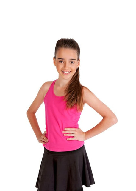 A girl wearing a bright pink kids' singlet with a black skirt, smiling confidently with her hands on her hips.
