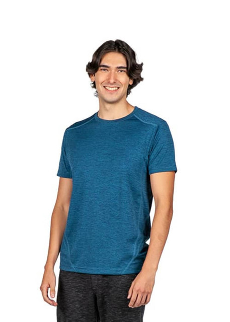 A blue men's unisex T-shirt made from 100% polyester with a logo on it.