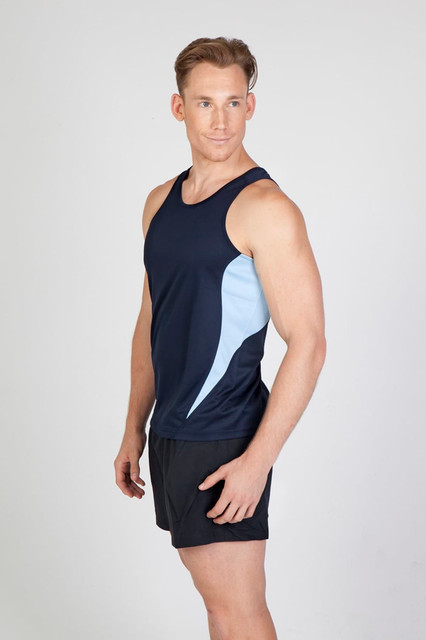 A men's sleeveless singlet in navy blue with light blue side panels. The model poses against a plain background.
