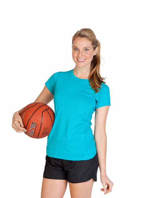 A model wearing a turquoise athletic T-shirt and black shorts, holding a basketball. The shirt features a logo.