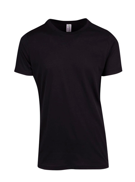 A black unisex t-shirt with a crew neckline, featuring a subtle logo on the inner label.