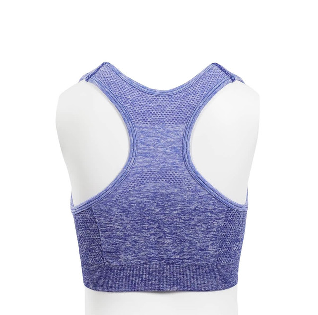 A purple seamless crop top with a racerback design displayed on a mannequin. Features branding on the back.