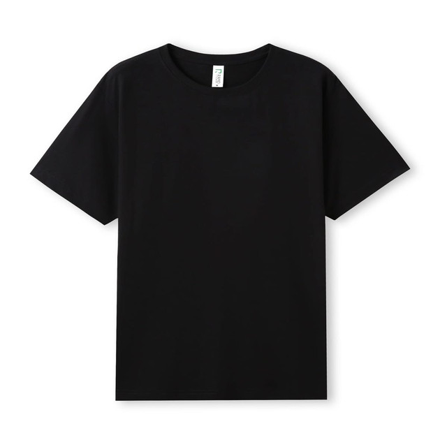 A plain black men's organic cotton T-shirt featuring short sleeves and a crew neckline, with a label inside.