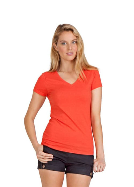 A women's marl V-neck T-shirt in vibrant coral, paired with black shorts, featuring a slim fit and short sleeves.