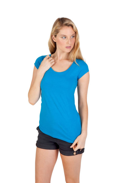 A blue women's scoop neck T-shirt displayed by a model wearing black shorts, featuring a logo.