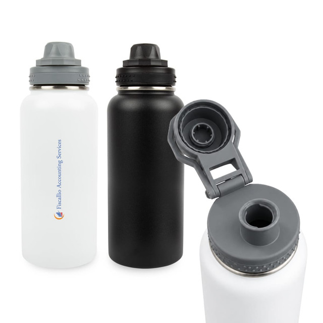 A drink bottle in white and black stainless steel with a grey cap and a logo. Features a vacuum insulated design.