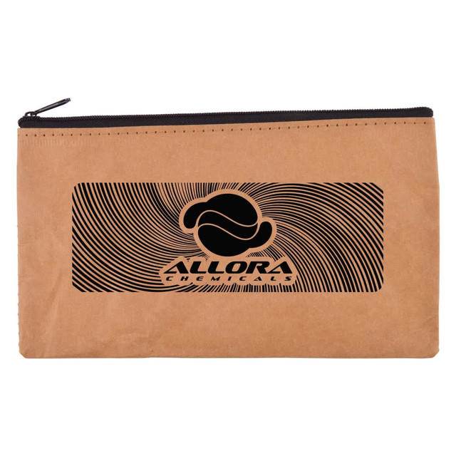 A kraft pouch featuring a zip closure and a bold black logo design, suitable for storing toiletries or accessories.