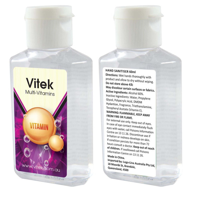 A clear bottle of hand sanitiser with a yellow and purple label, containing 60ml of product and featuring a logo.