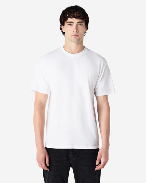 A white Gildan Hammer adult T-shirt worn by a model, featuring a simple design and standard fit.