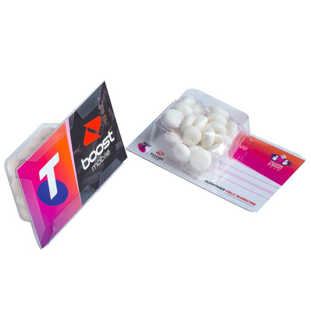 A packet of white mints in a colourful card holder with a logo. The holder features vibrant pink and purple hues.