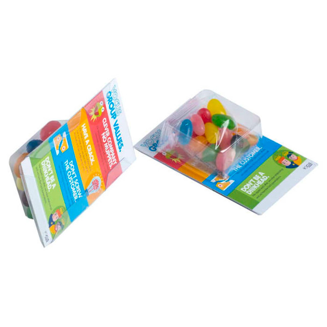 Two packs of jelly beans in assorted colours, featuring a branding logo, displayed upright.