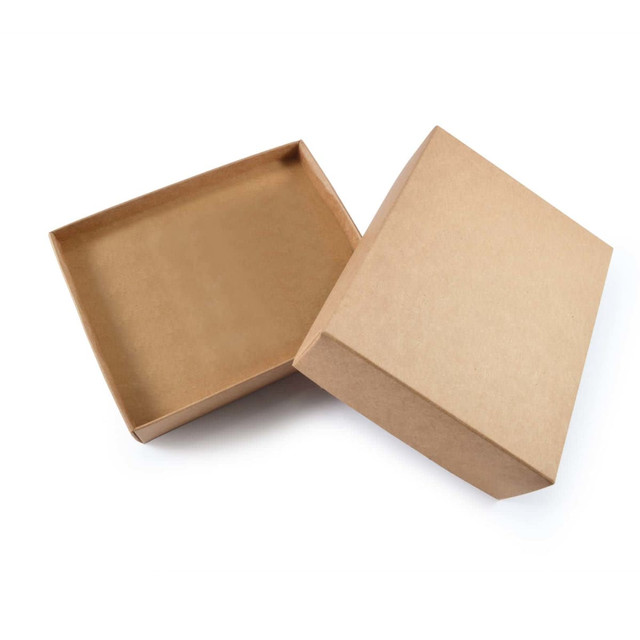 A large natural paper gift box, featuring a brown exterior and an open lid, showcasing an empty interior.