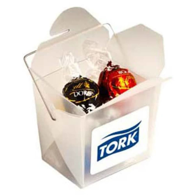 A frosted noodle box containing five Lindor Lindt chocolate balls, featuring red and black wrappers. The box has a logo.