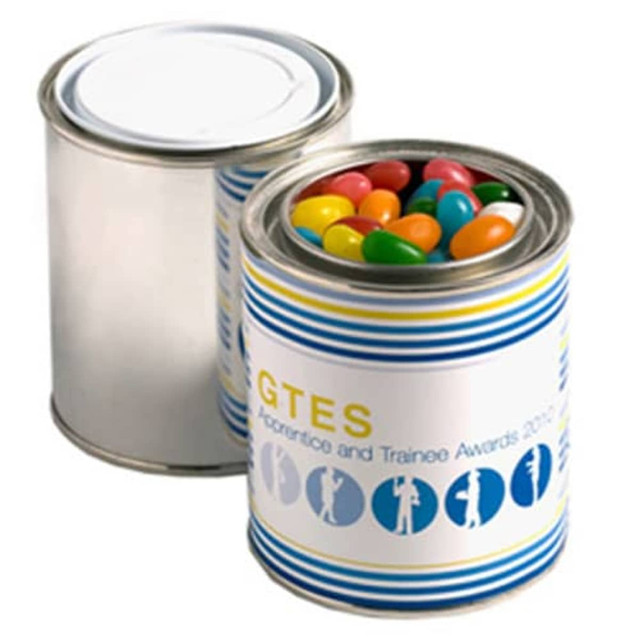 A paint tin filled with colourful jelly beans, featuring a striped design and a blank silver lid.