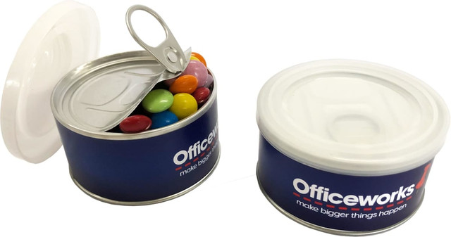 A small pull can containing colourful choc beans, featuring a metallic lid and a branding logo.
