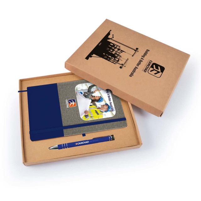 A cardboard gift set featuring a navy blue notebook and a blue pen, all in a brown box.