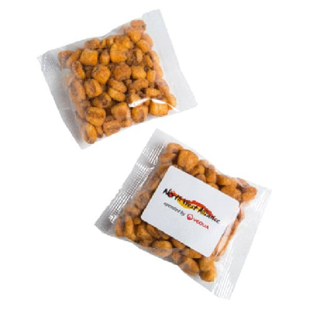 Two transparent packets of Chilli Toasted Corn, featuring yellow-orange corn snacks. Each has a brand logo on the packaging.