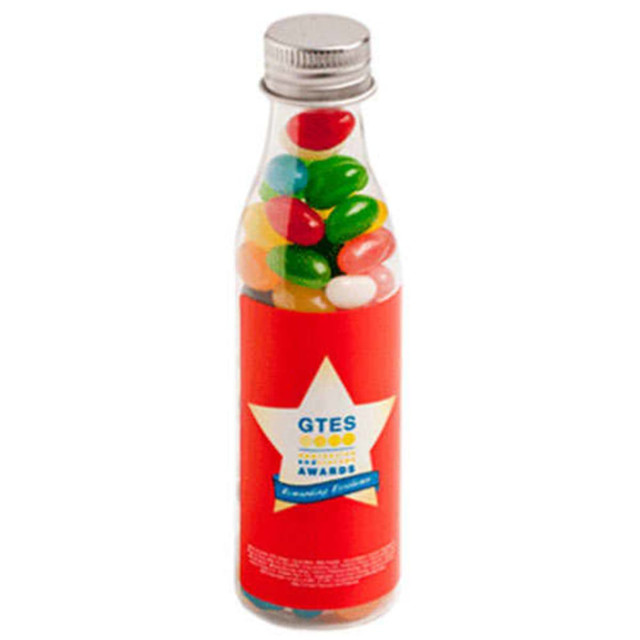 A drink bottle filled with colourful jelly beans, featuring a silver cap and a logo on the side.