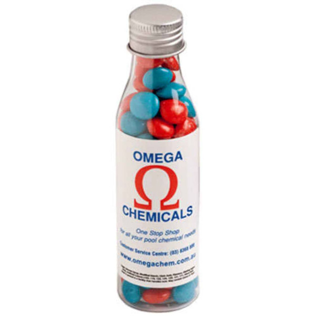 A drink bottle containing chewy fruit candies in red and blue, with a branded label.