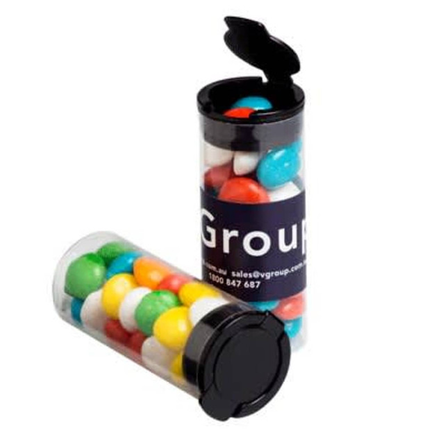 Two clear plastic tubes containing colourful chewy fruit candies, each with a black flip lid and a logo.