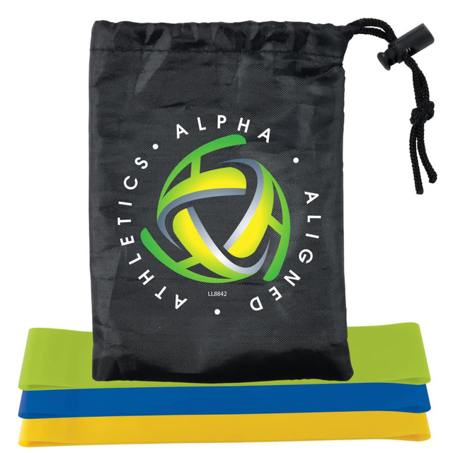 A drawstring pouch with a logo, containing three resistance bands in green, yellow, and blue.