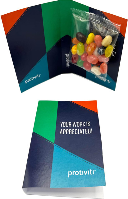 A folded card containing a clear bag of colourful jelly beans, featuring a logo.
