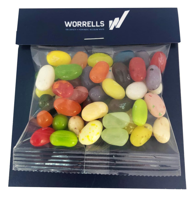 A clear bag contains a colourful assortment of JELLY BELLY jelly beans in various shapes and sizes, packaged with a logo.
