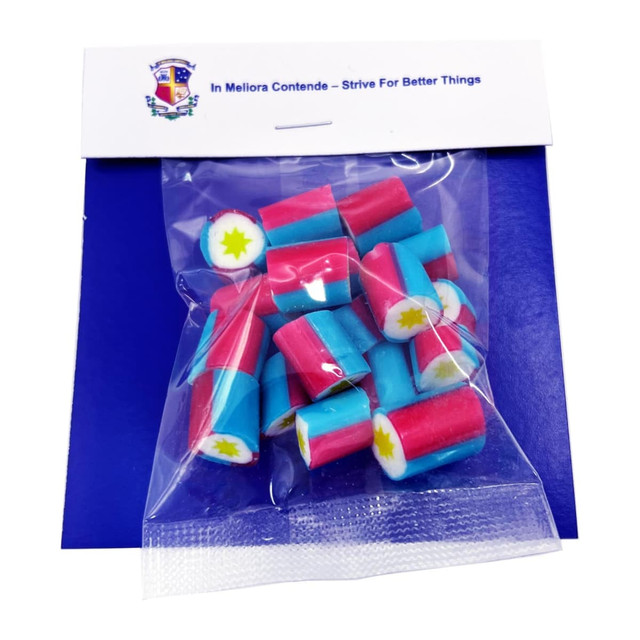 A bag of 40g rock candy pieces in red, blue, and white, featuring star designs. The packaging includes a logo.