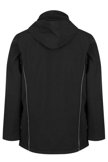 A black soft shell jacket featuring a hood and reflective detailing. The view shows the back of the jacket.