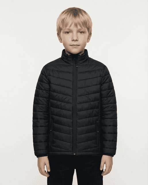 A black puffer jacket designed for kids, featuring a zip-up front and a stand collar.